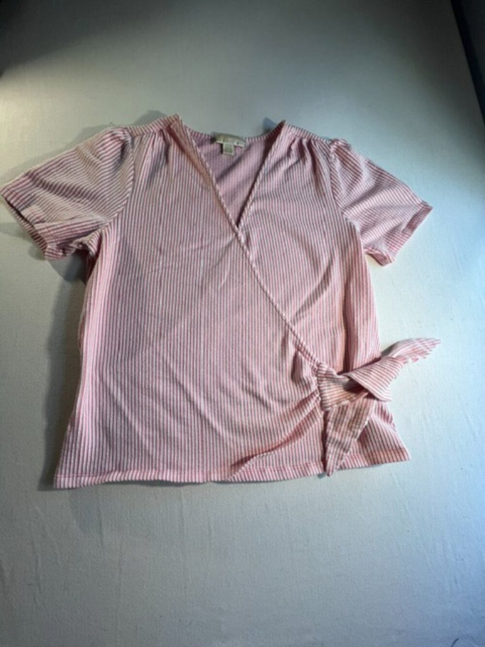 MICHAEL KORS short-sleeve wrap top pink white vertical‎ stripes v neck Women's